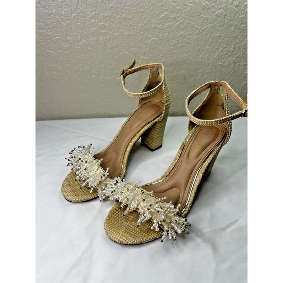 Kelly & Katie Hasana Sandal Light Beige Beaded Block Heel | US7 | New w/Box - Picture 1 of 10
